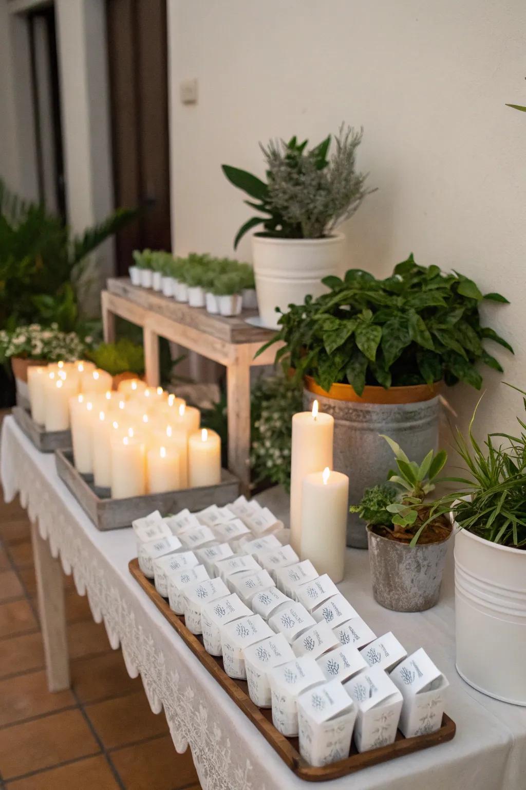 Thoughtful white-themed party favors for guests to take home.