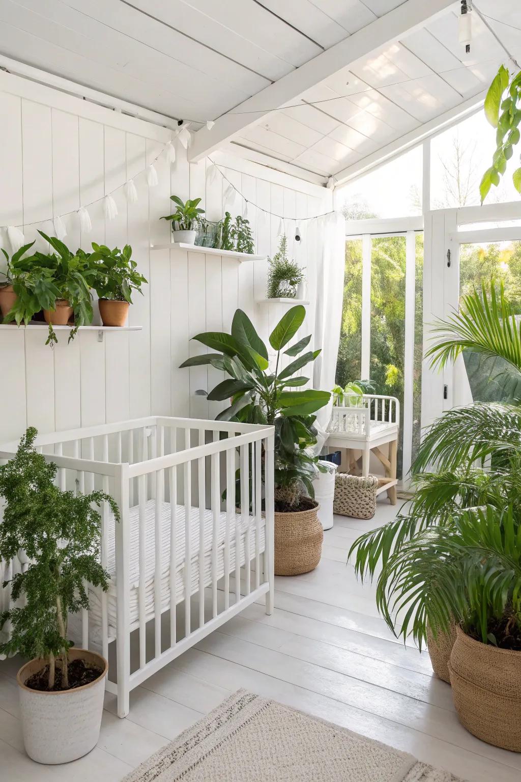 Organic elements inject life into a serene white nursery.