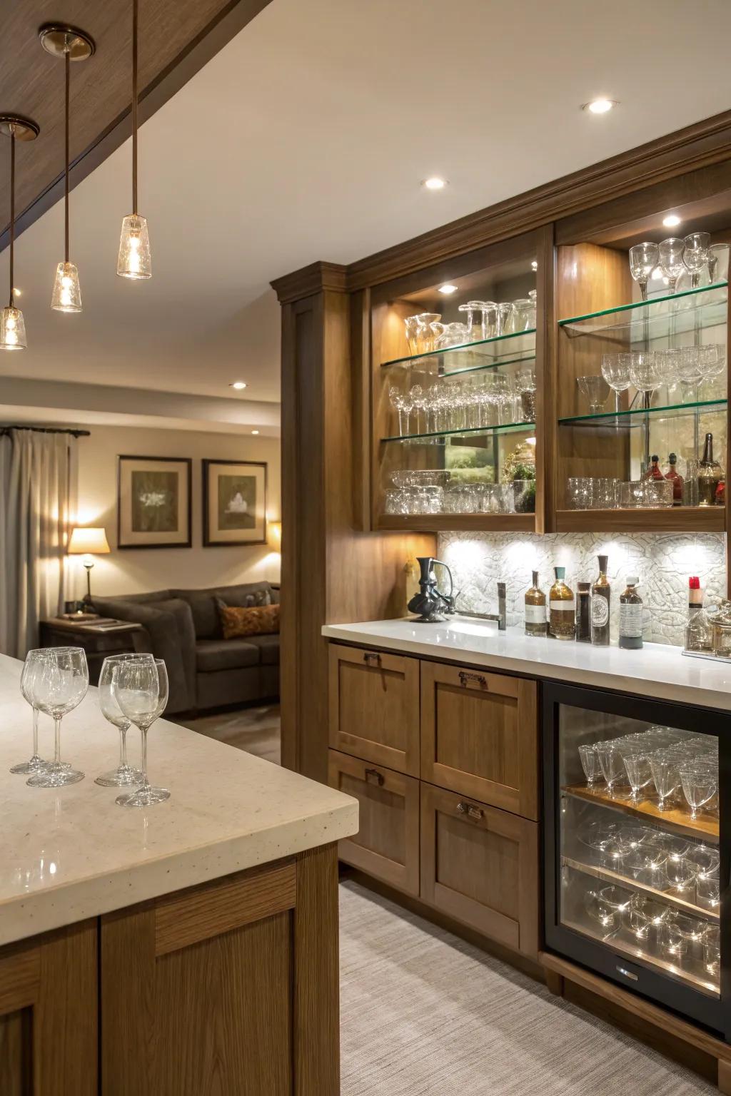 Glassware acts as classy decor in this stylish bar.
