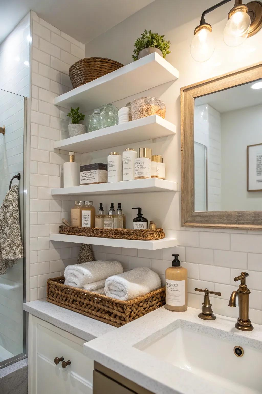 Your bathroom gains practicality and flair with open shelving.