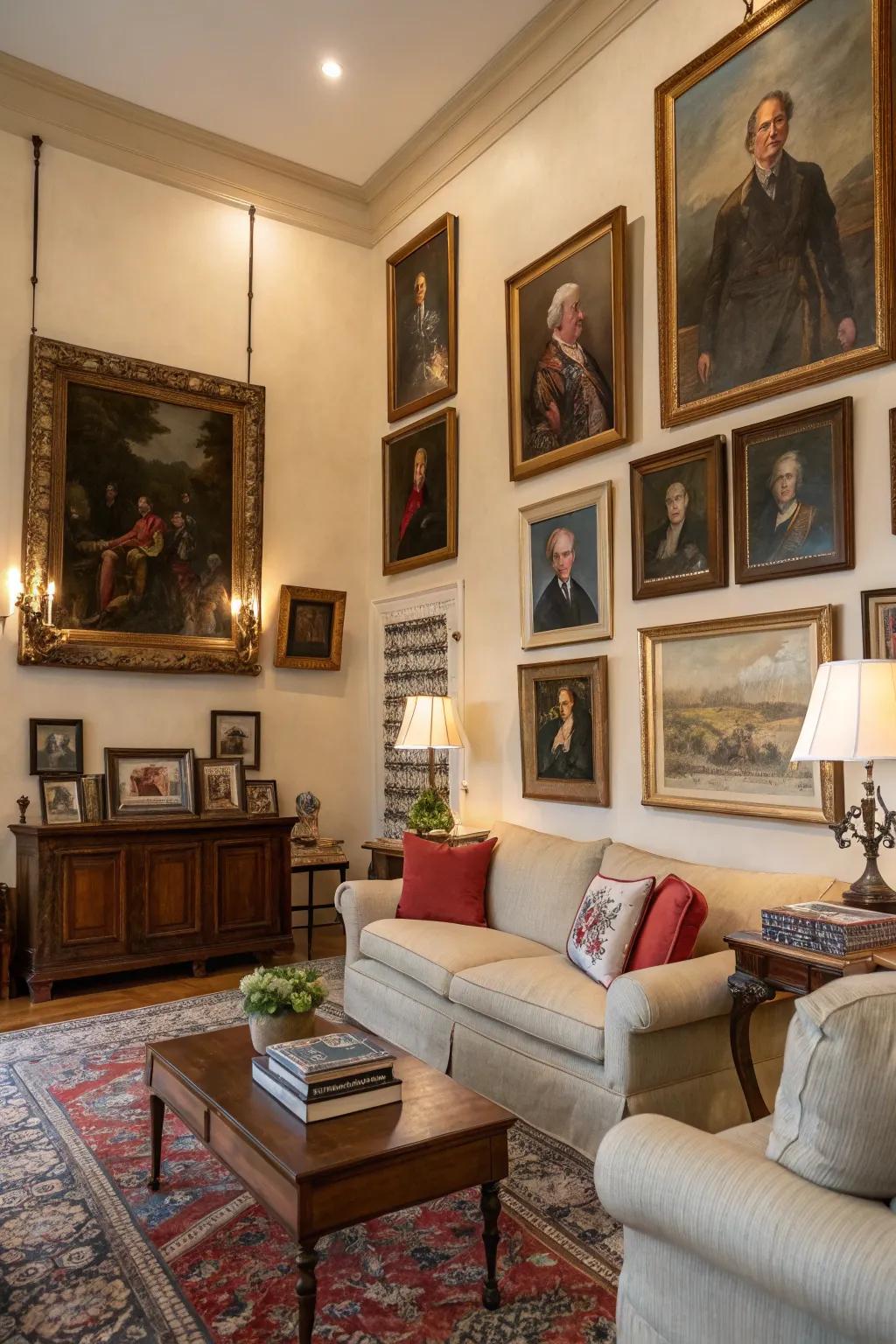 Art and portraits enhancing the historical charm of a room.