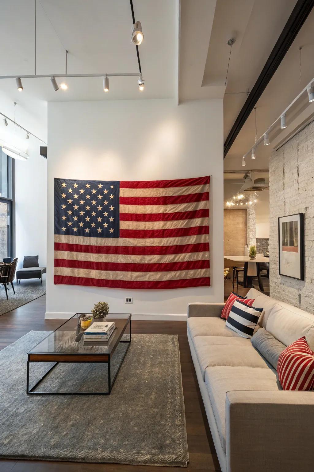 Distinct flag art introduces a creative flair to this contemporary space.