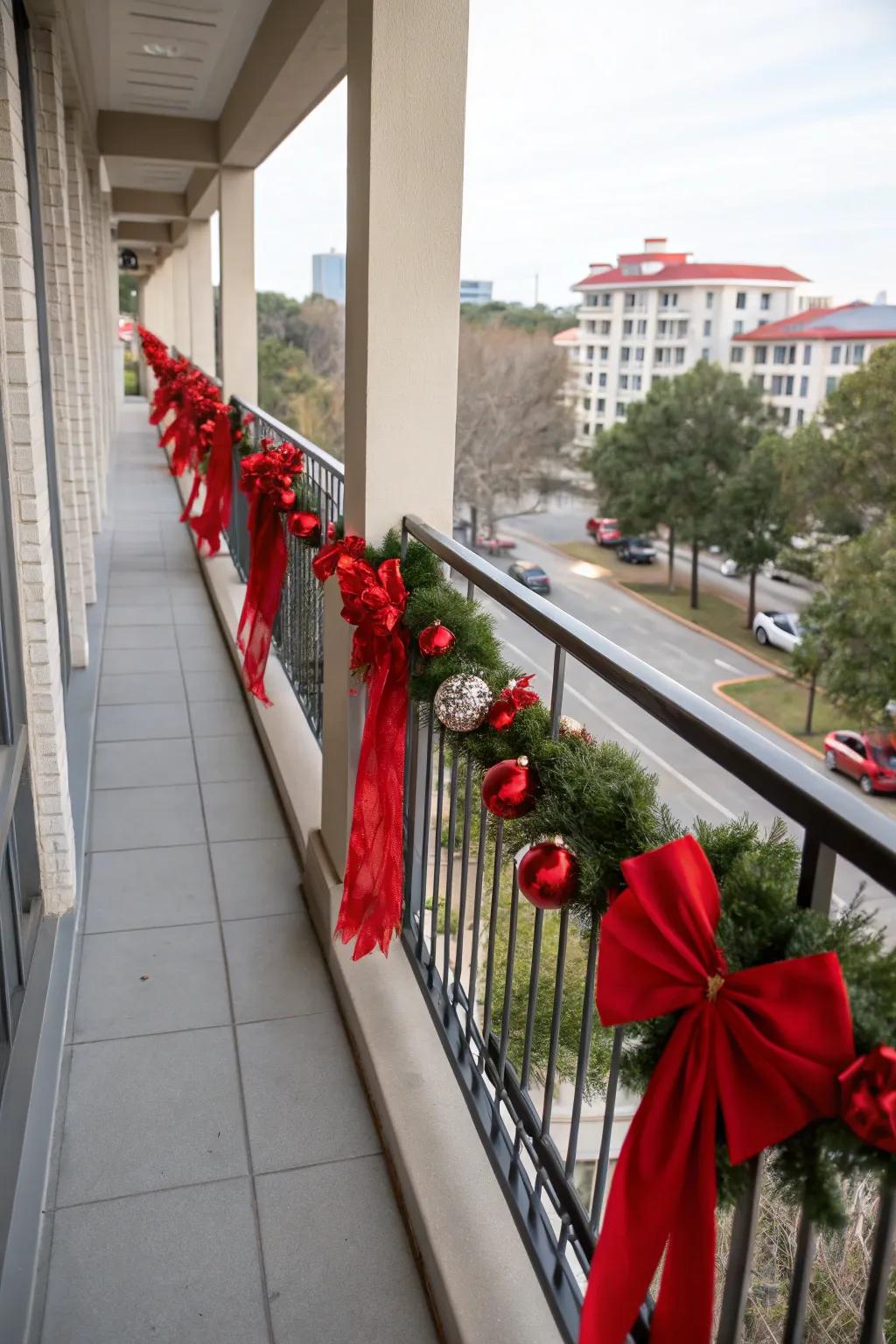 Crimson highlights contribute a classic Christmas accent to this balcony.