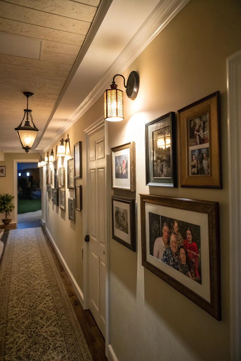A hallway displaying family photos, highlighted by accent lights.