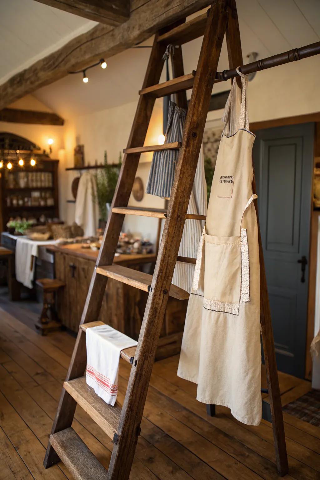 An old ladder shelf adds rustic charm to apron displays.