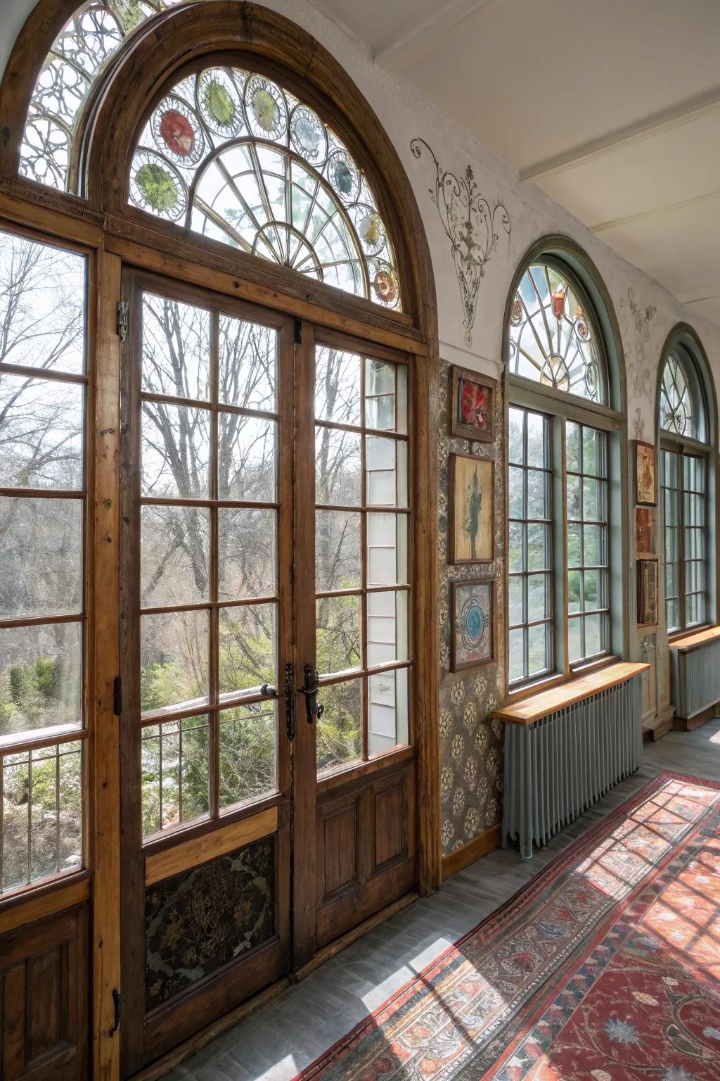 Eclectic room with mixed material treatment on arched windows.