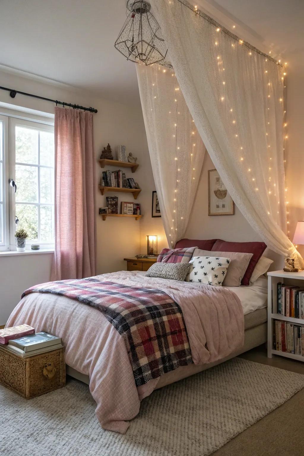 Enhance comfort with soft window coverings above your bed.