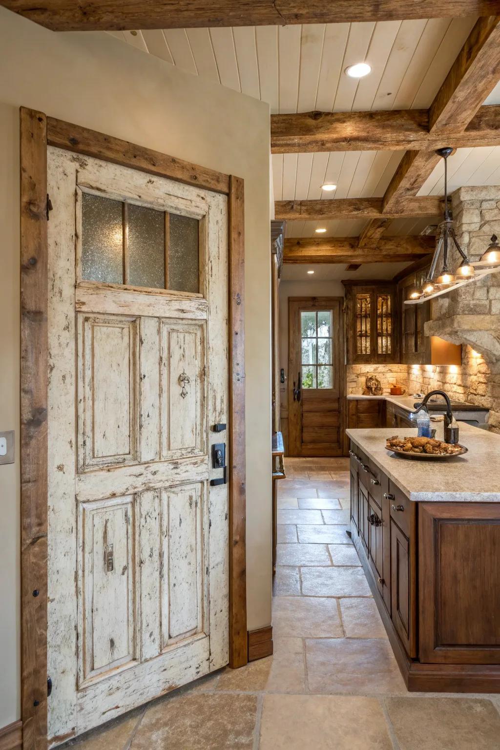 A door with a distressed finish adding vintage charm and warmth.