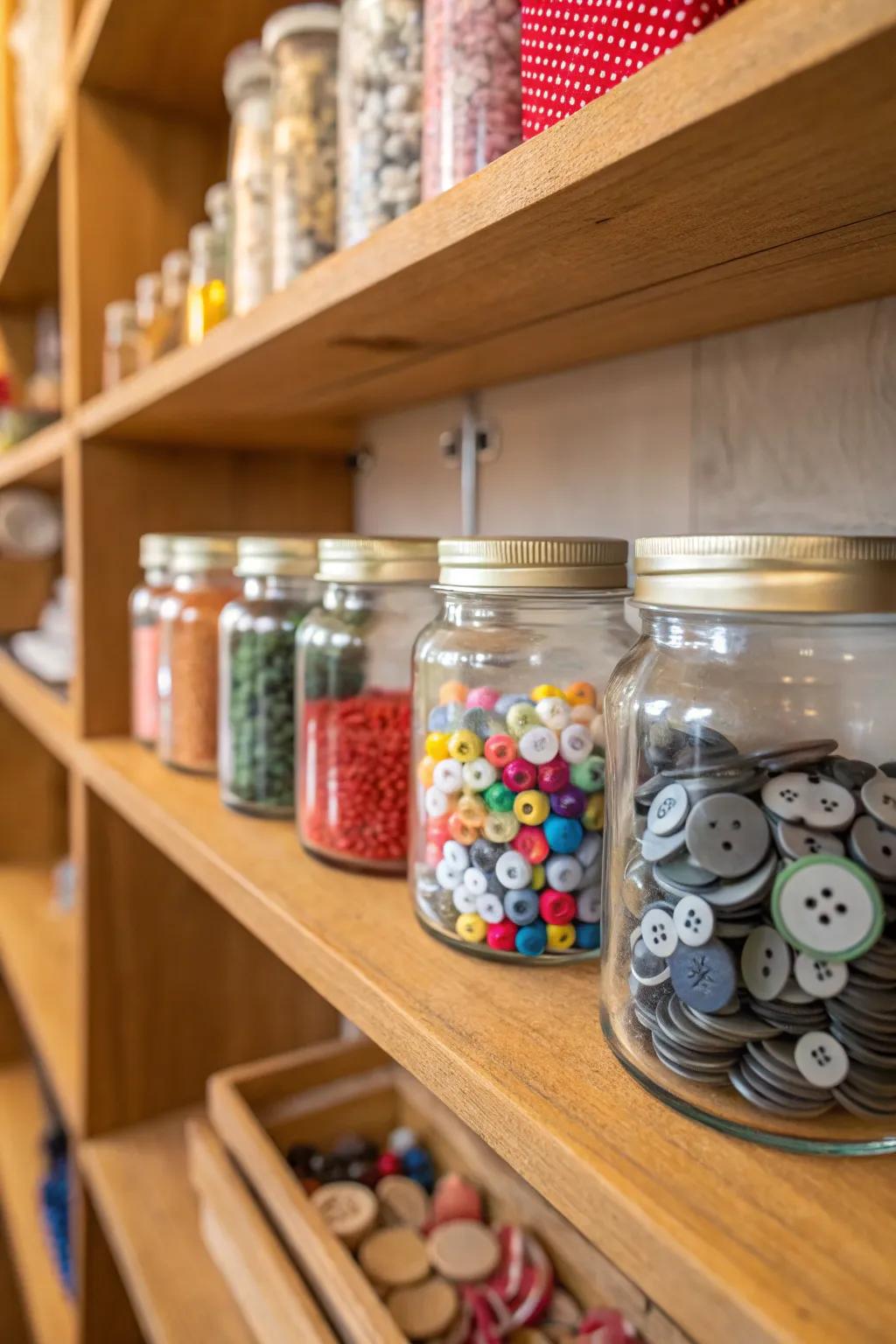 Glass jars offer attractive and practical storage for small items.