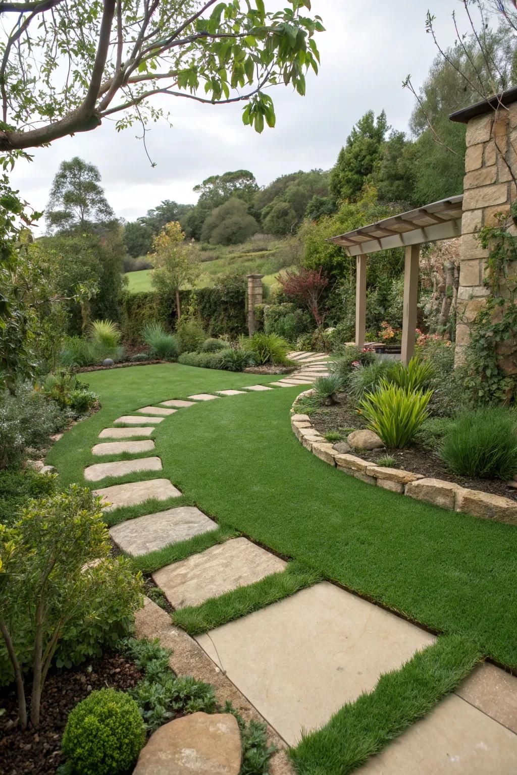 A scenic garden path featuring lush synthetic turf.