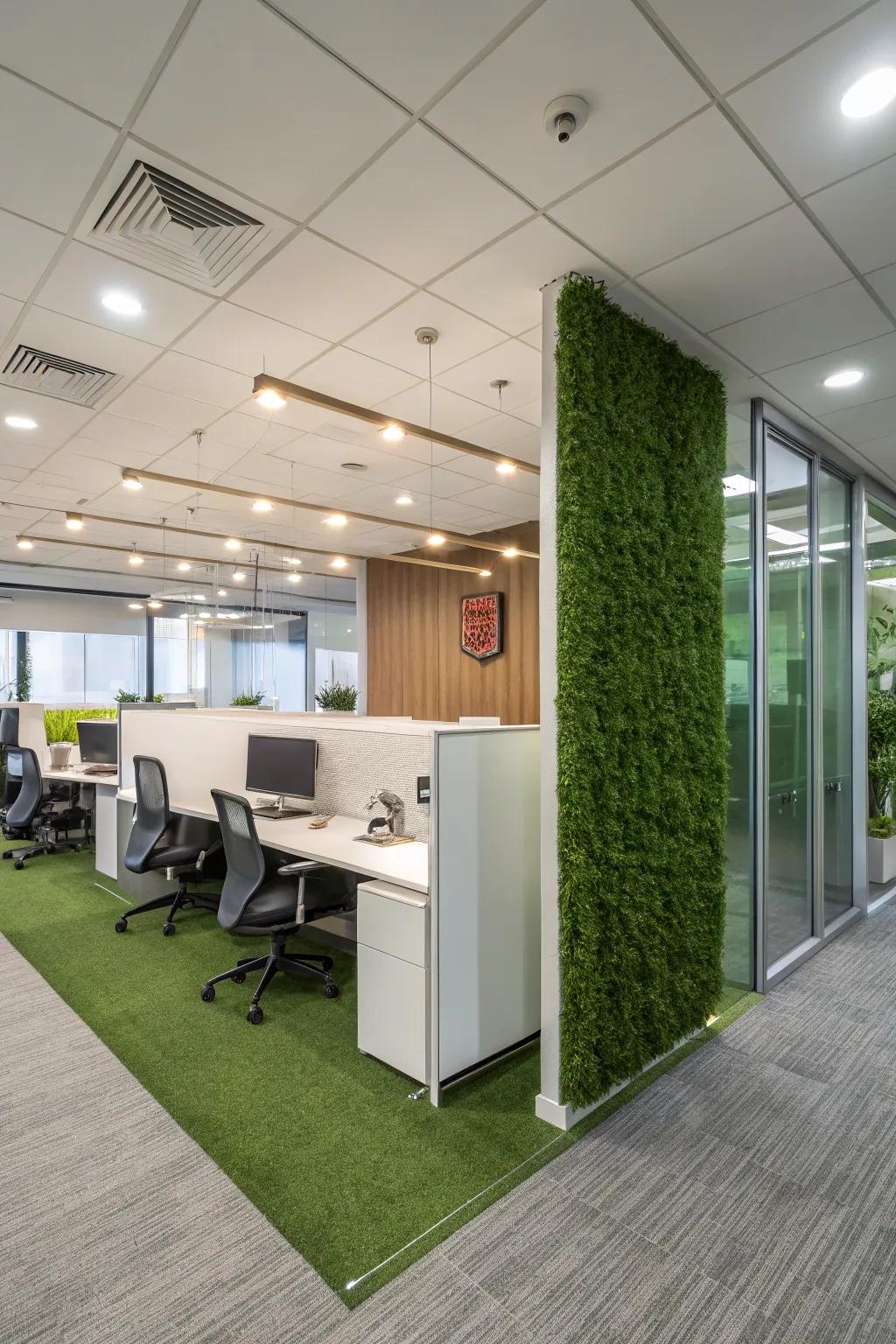 A modern office space featuring a faux verdant wall for a lively atmosphere.