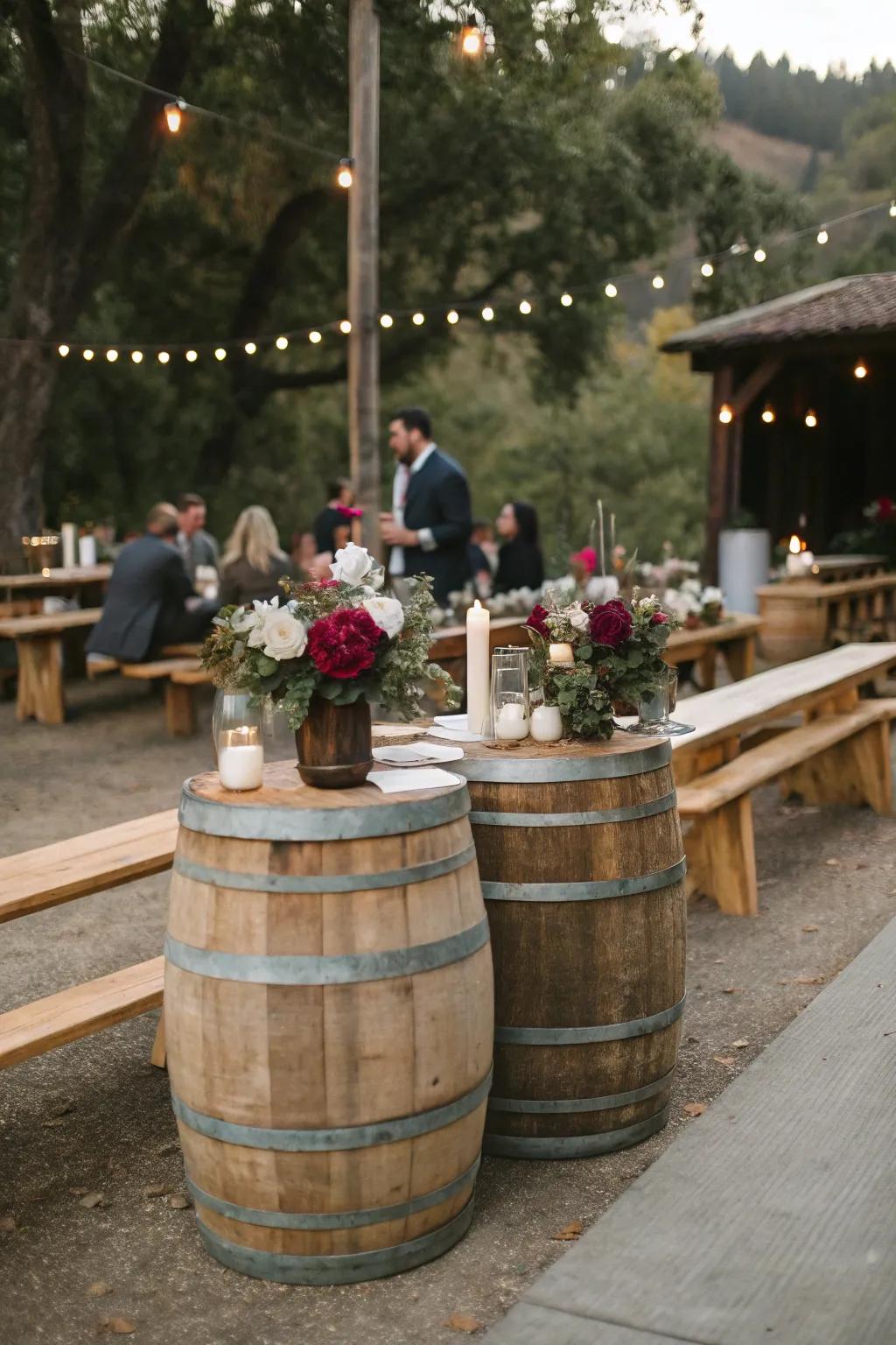 Wood drums add a rustic touch to wedding tables.