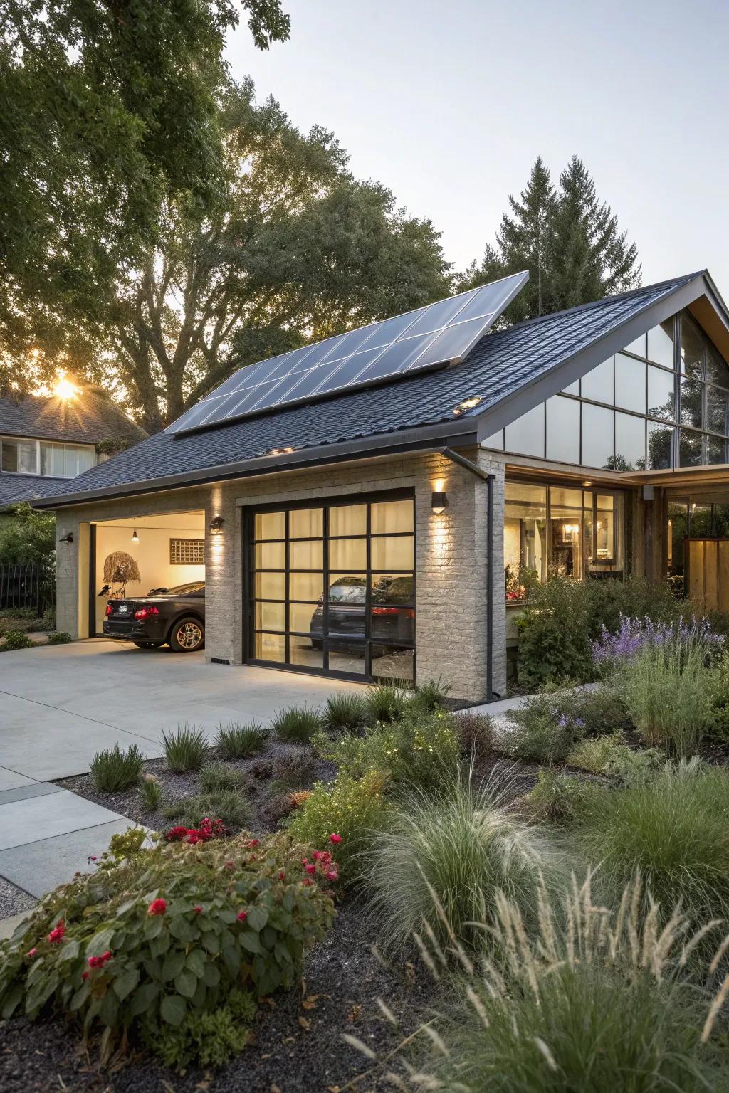 An eco-friendly garage using sustainable materials and solar energy.