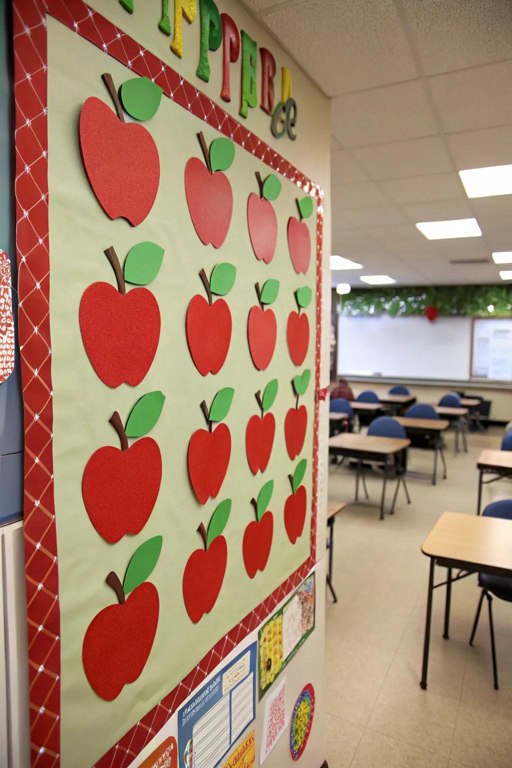 An apple-themed board that celebrates a new school year.
