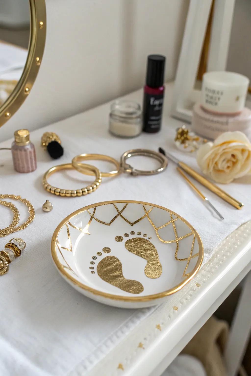 An elegant jewelry dish that captures tiny footprints forever.