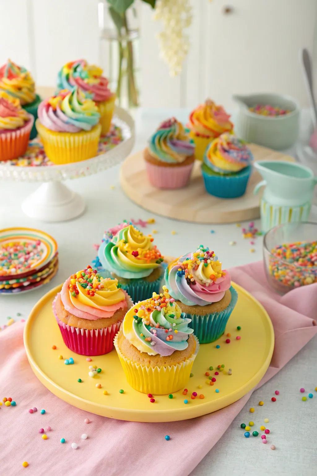 Cupcakes with multicolor sprinkles bring joy to the celebration.