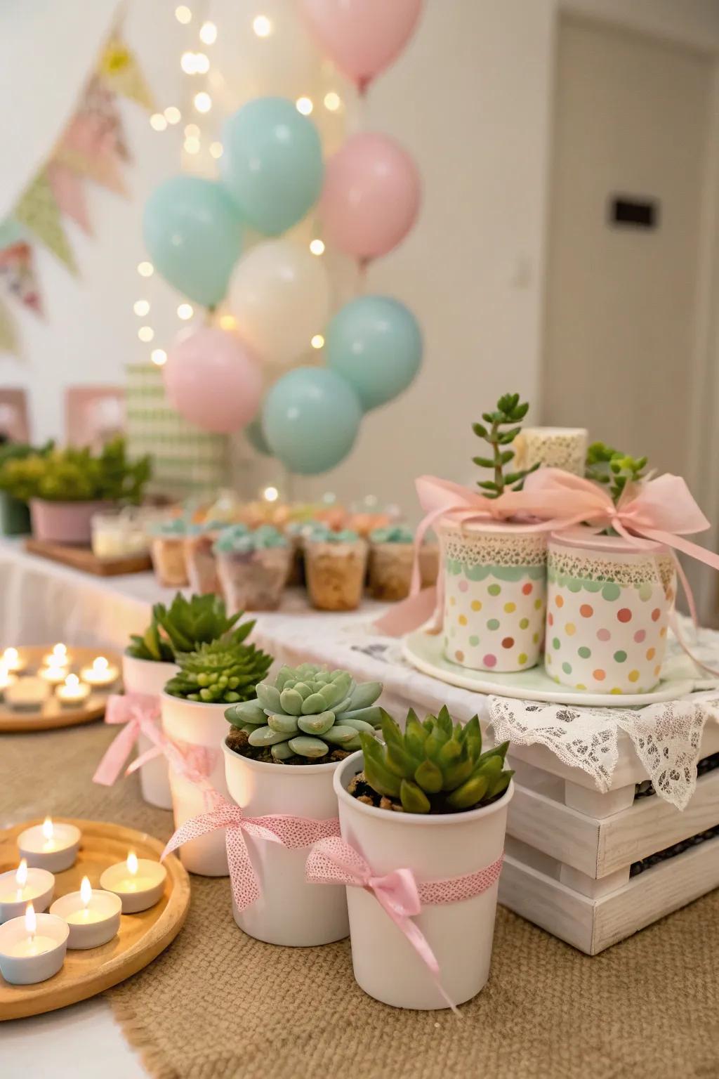 Themed baby shower gifts like small greenery and aromatic wax lights make thoughtful presents.