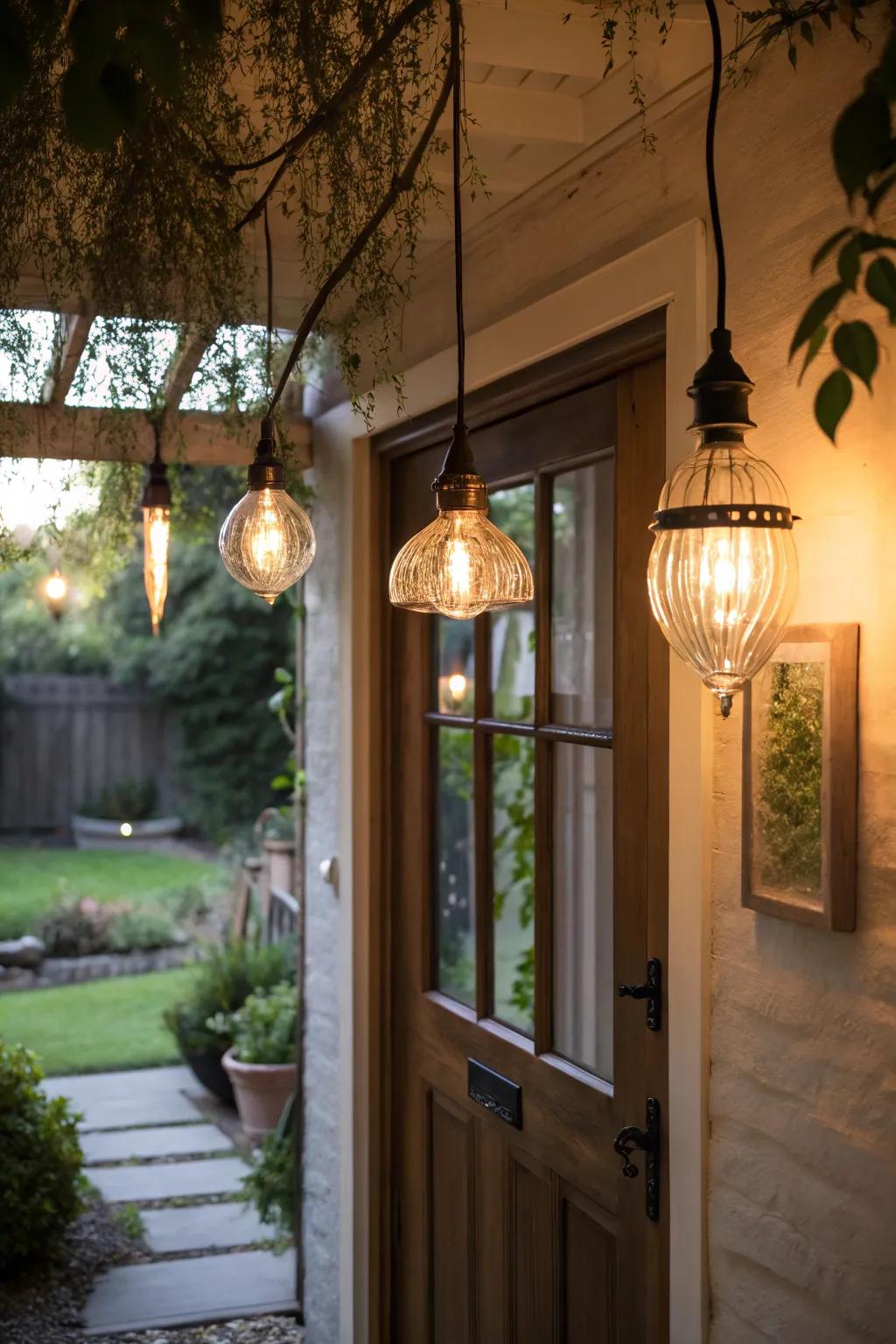 Hanging pendant lights draw the eye and make a statement above the back door.