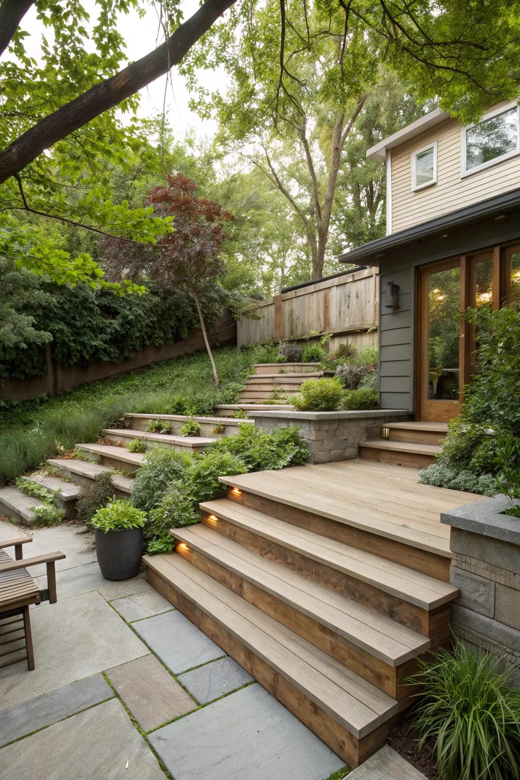 Multi-level steps with seating add functionality and charm.