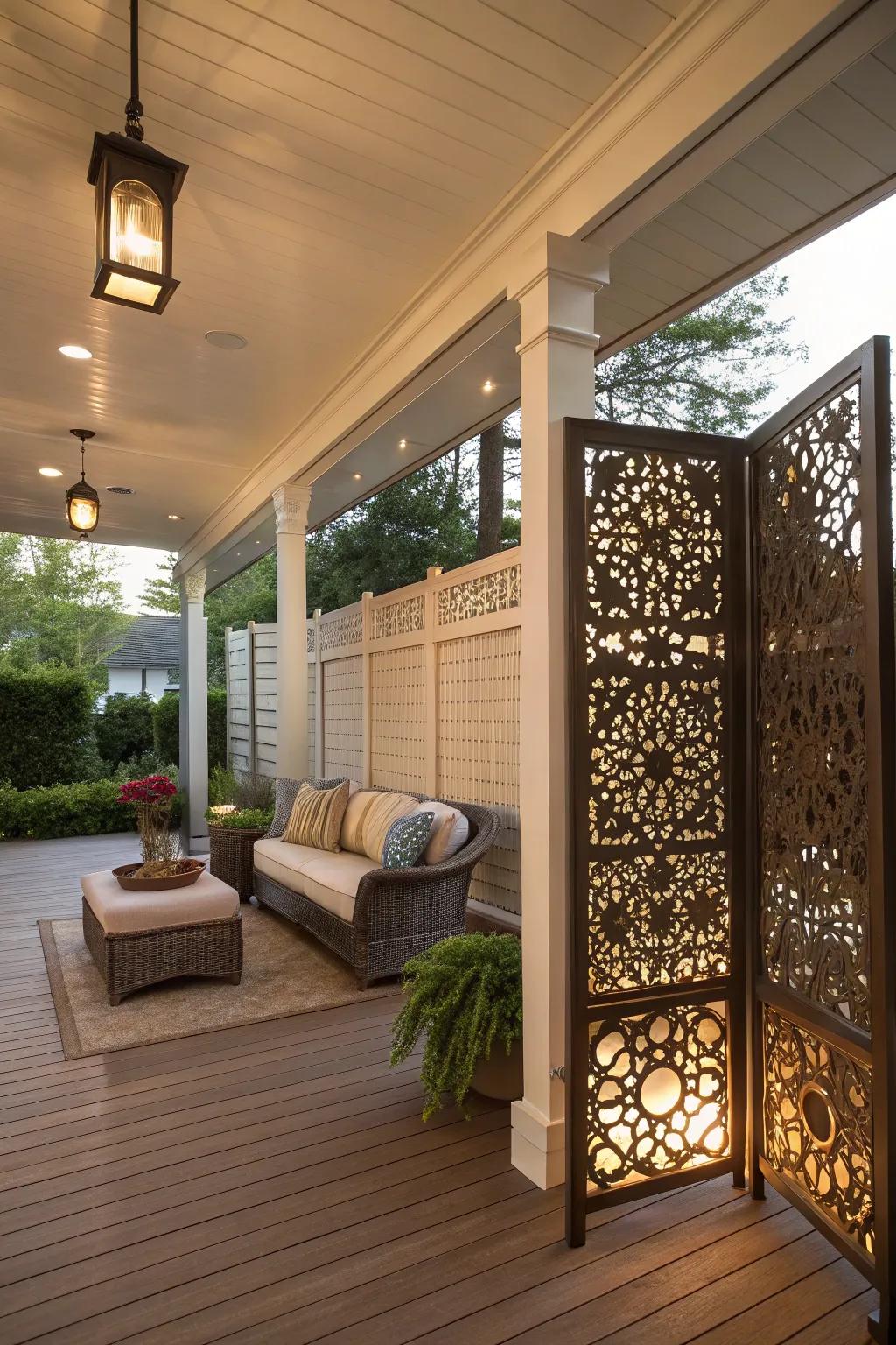 Elevate the sense of privacy on your porch through ornamental partitions.