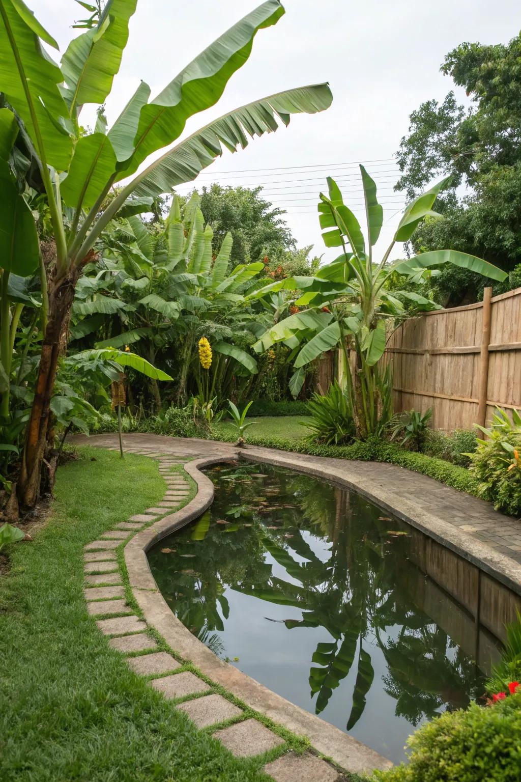 Enhance your water feature with banana trees for a rich tropical feel.