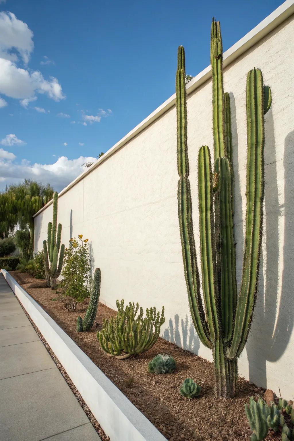 Tall cacti in front of light walls create striking shadows and contrasts.