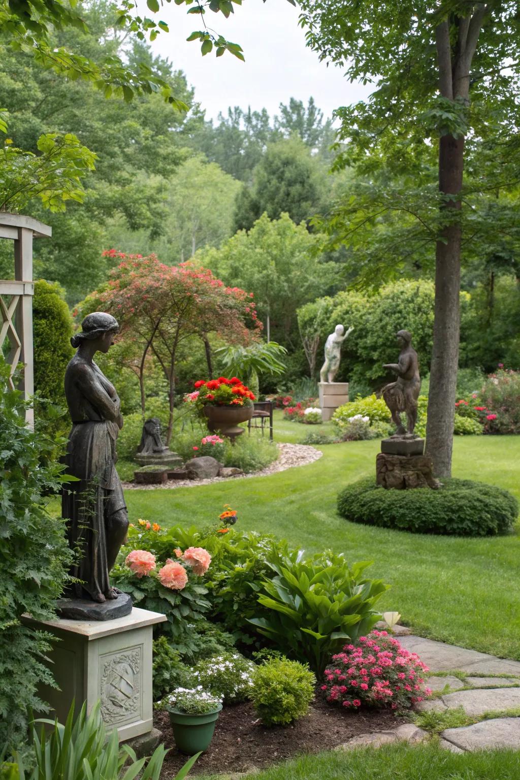 Garden art pieces boost the artistic feel of your easement.