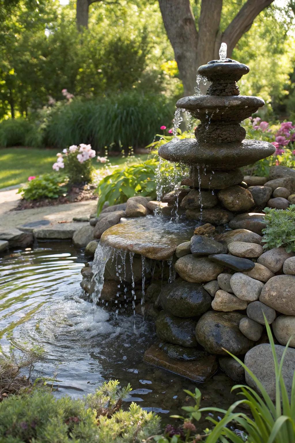 A smooth stone fountain brings earthy textures and soothing sounds together.