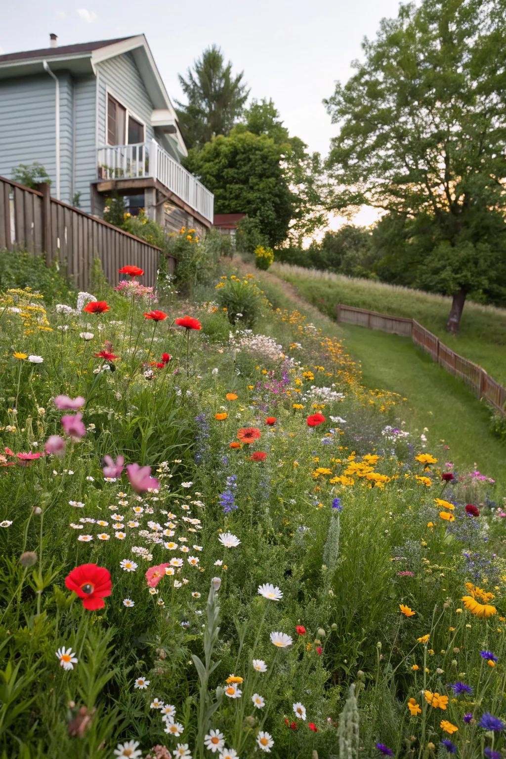 A wildflower field brings vibrant life and color to a hill.