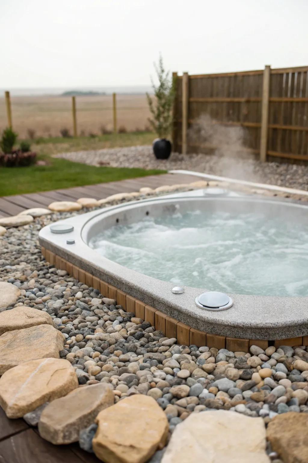 Gravel provides an organic, textured appearance around the hot tub.