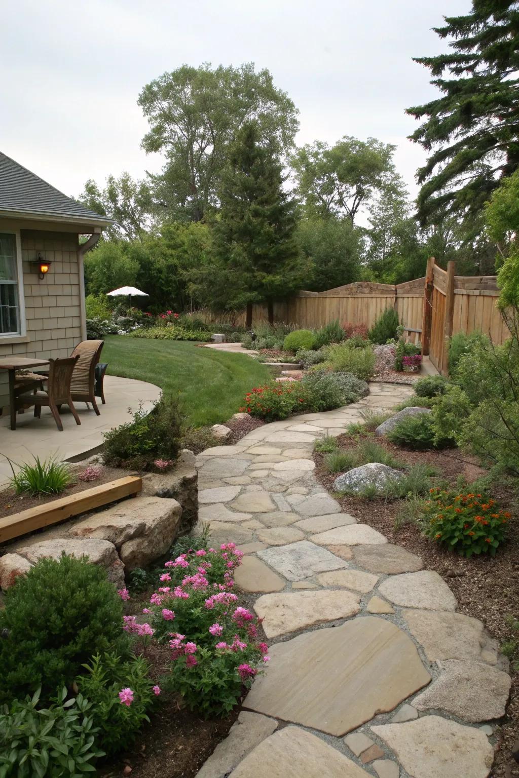 Natural stone elements adding texture and blending with the environment.
