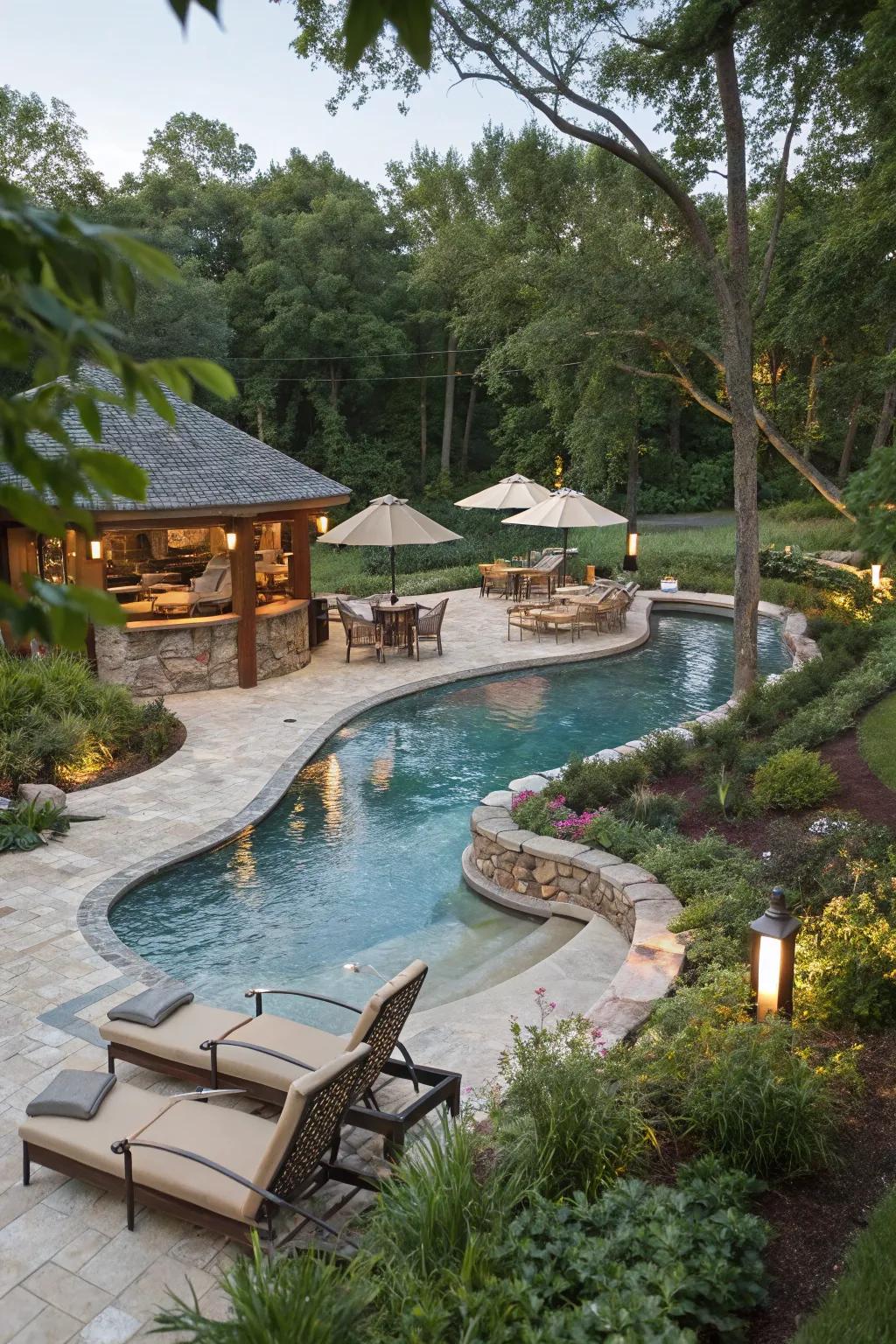 A convenient swim-up bar in a lazy river pool for effortless entertaining.