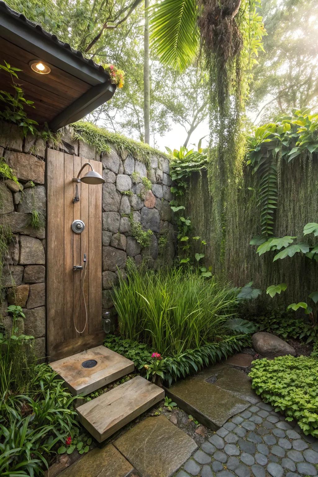 An outdoor shower area surrounded by rich plants for a natural sensation.