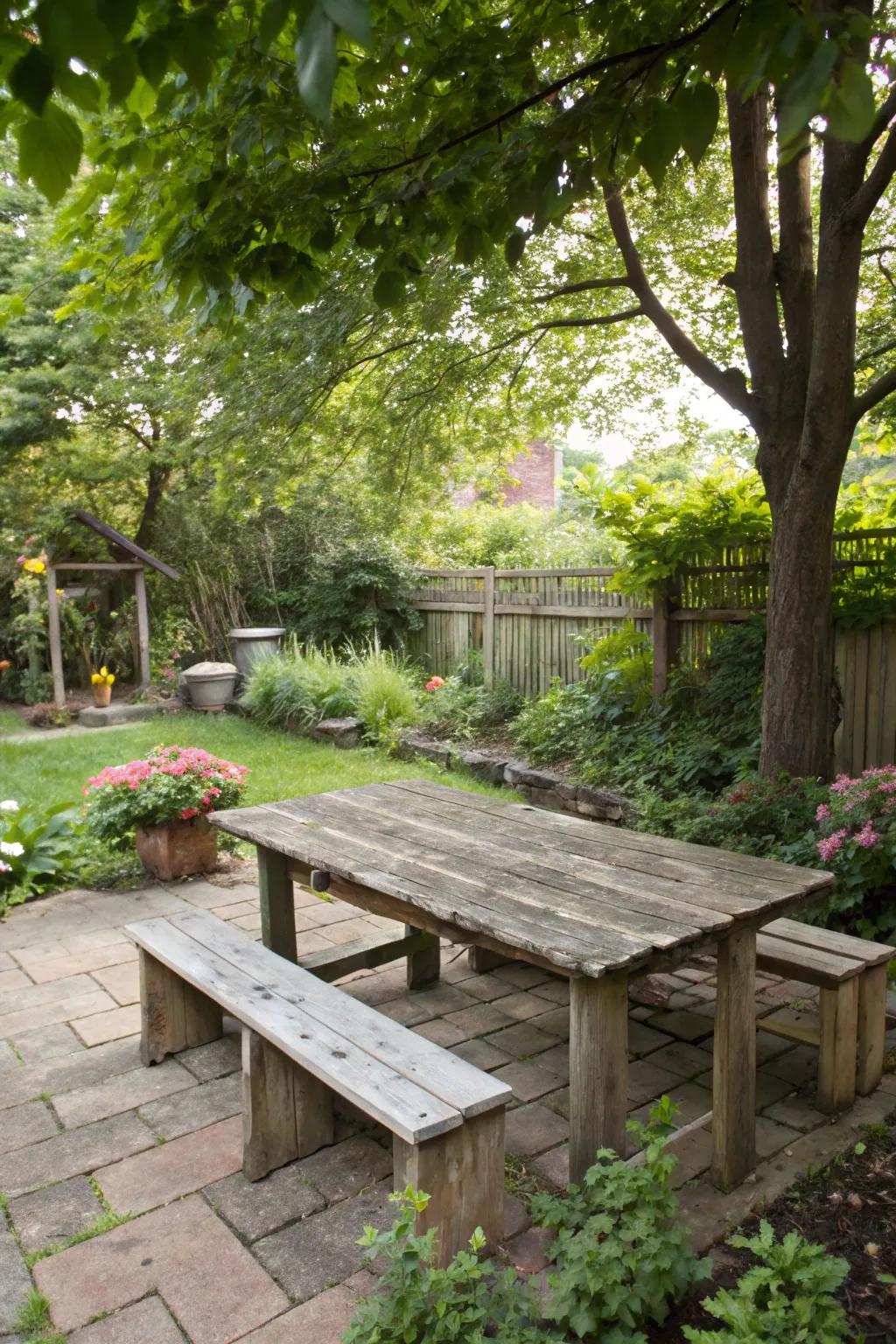 Reclaimed wood furniture adds character and sustainability to your patio.