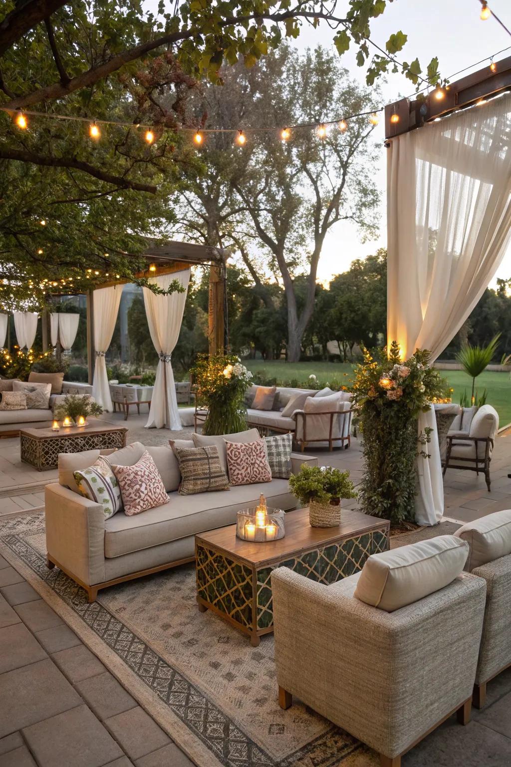 A chic and comfortable outdoor lounge area for party guests.