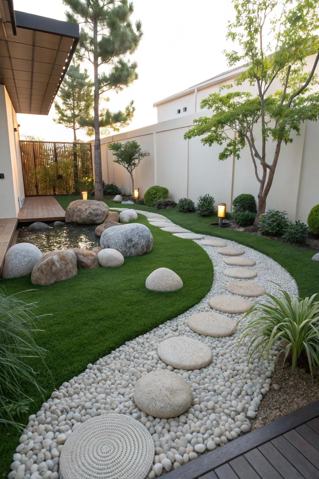 A calming Zen garden with lush artificial lawn.