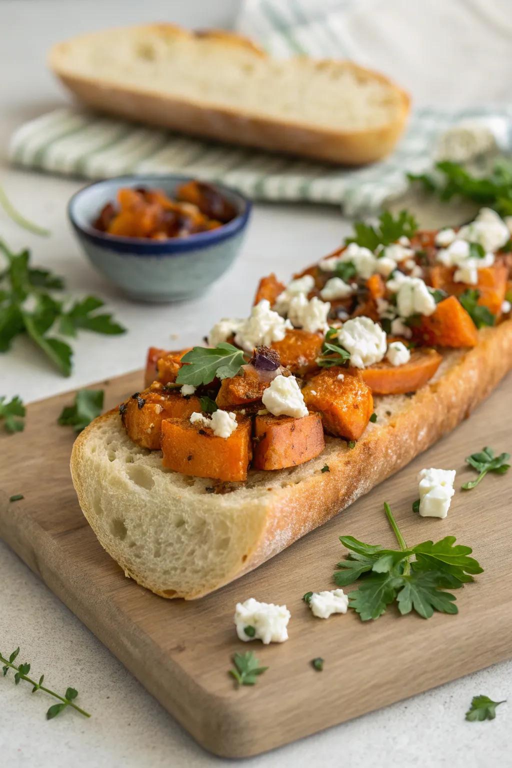 A hearty Mélange of sweet potatoes and feta on a French loaf.
