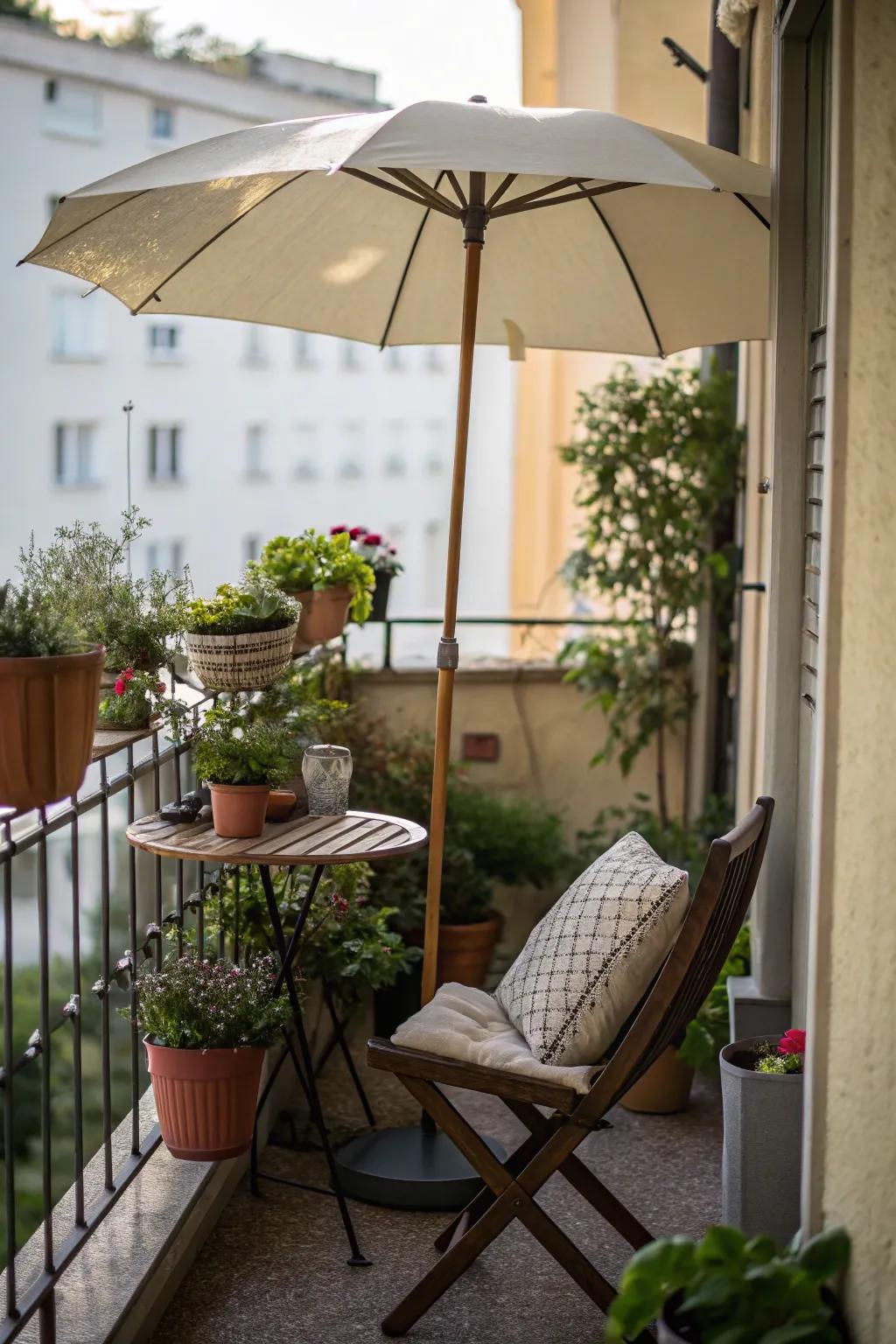 A space-saving half umbrella shading a compact balcony.
