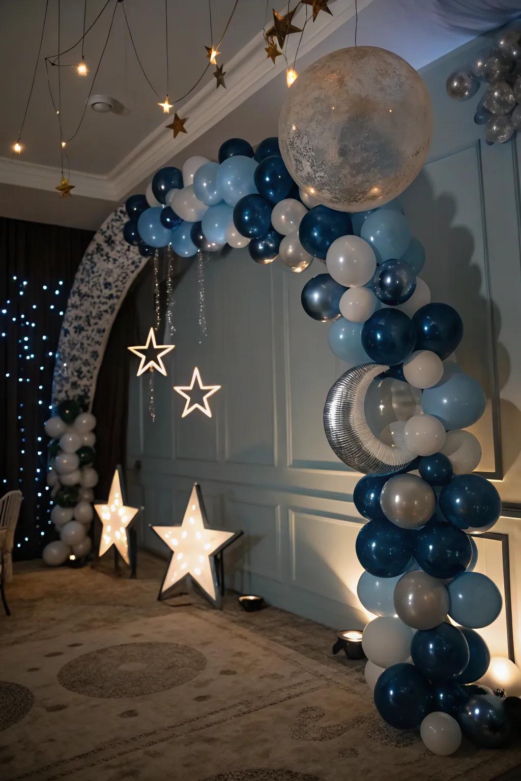 Star filled night balloon garland for a celestial feel.