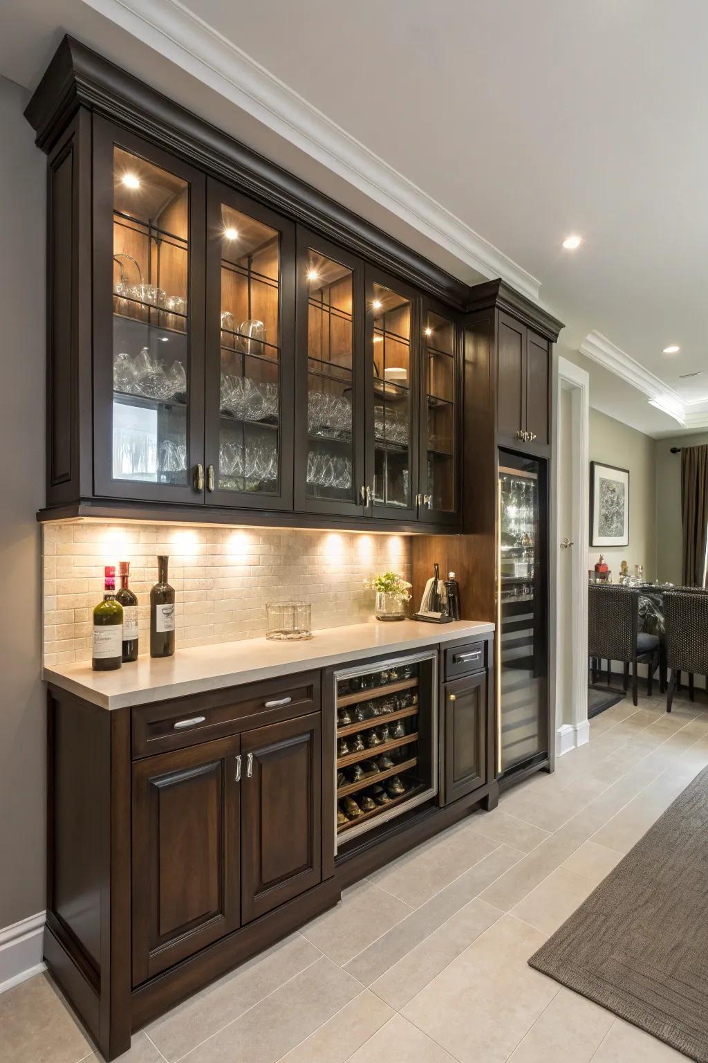 Custom shelving builds a tailored and unified bar space.