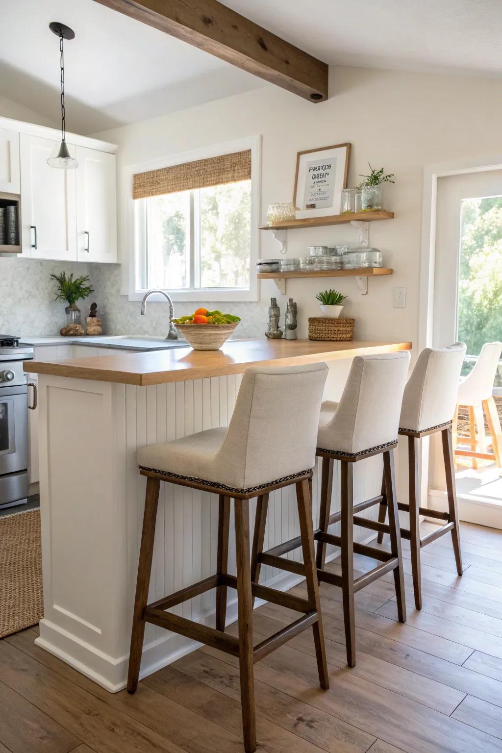 Bar stools featuring low backs to maintain an open cooking area.
