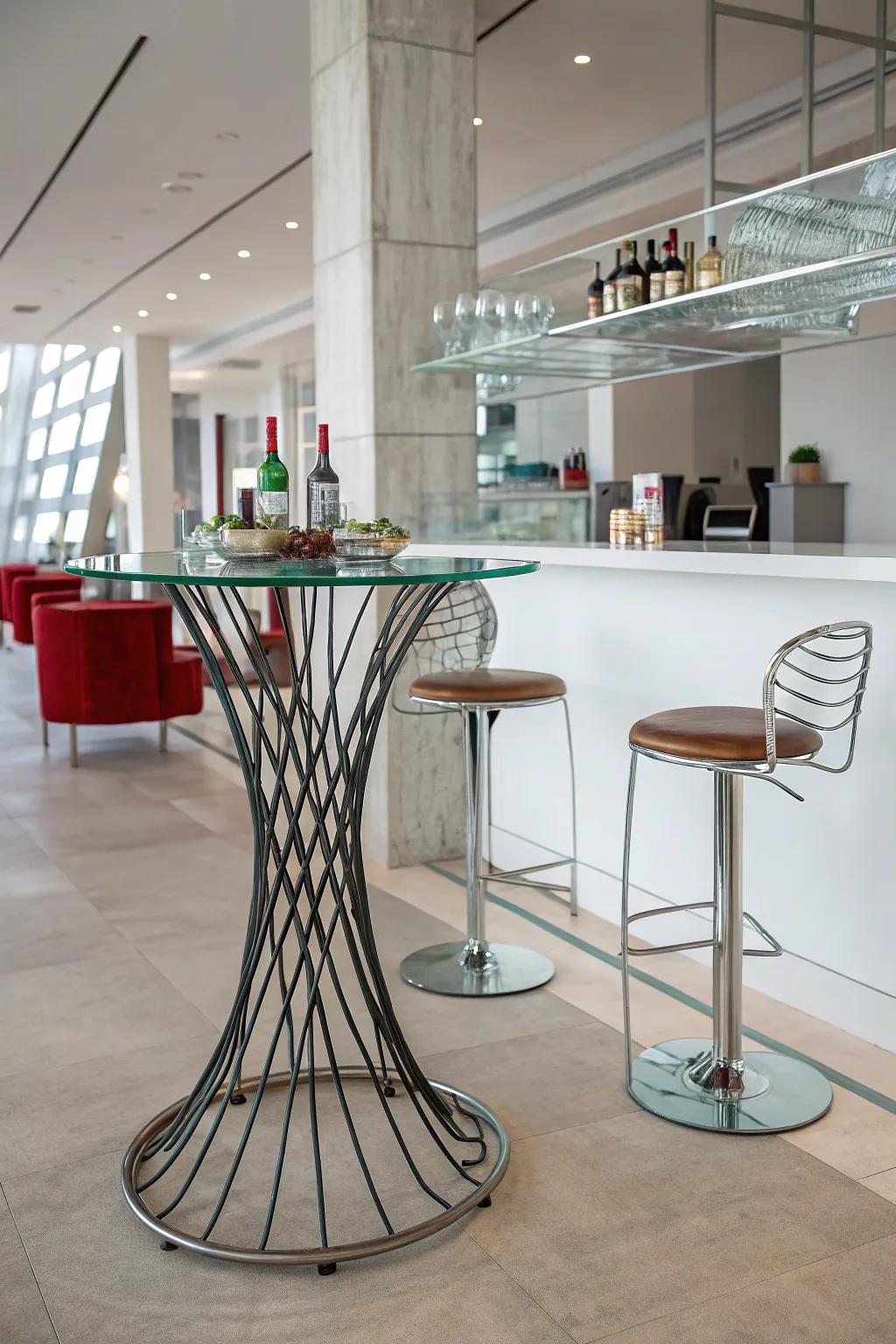 Eclectic bar table fusing diverse materials.
