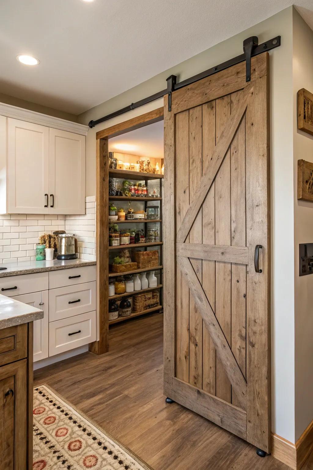 A kitchen featuring a sliding barn door pantry accented with shiplap texture.