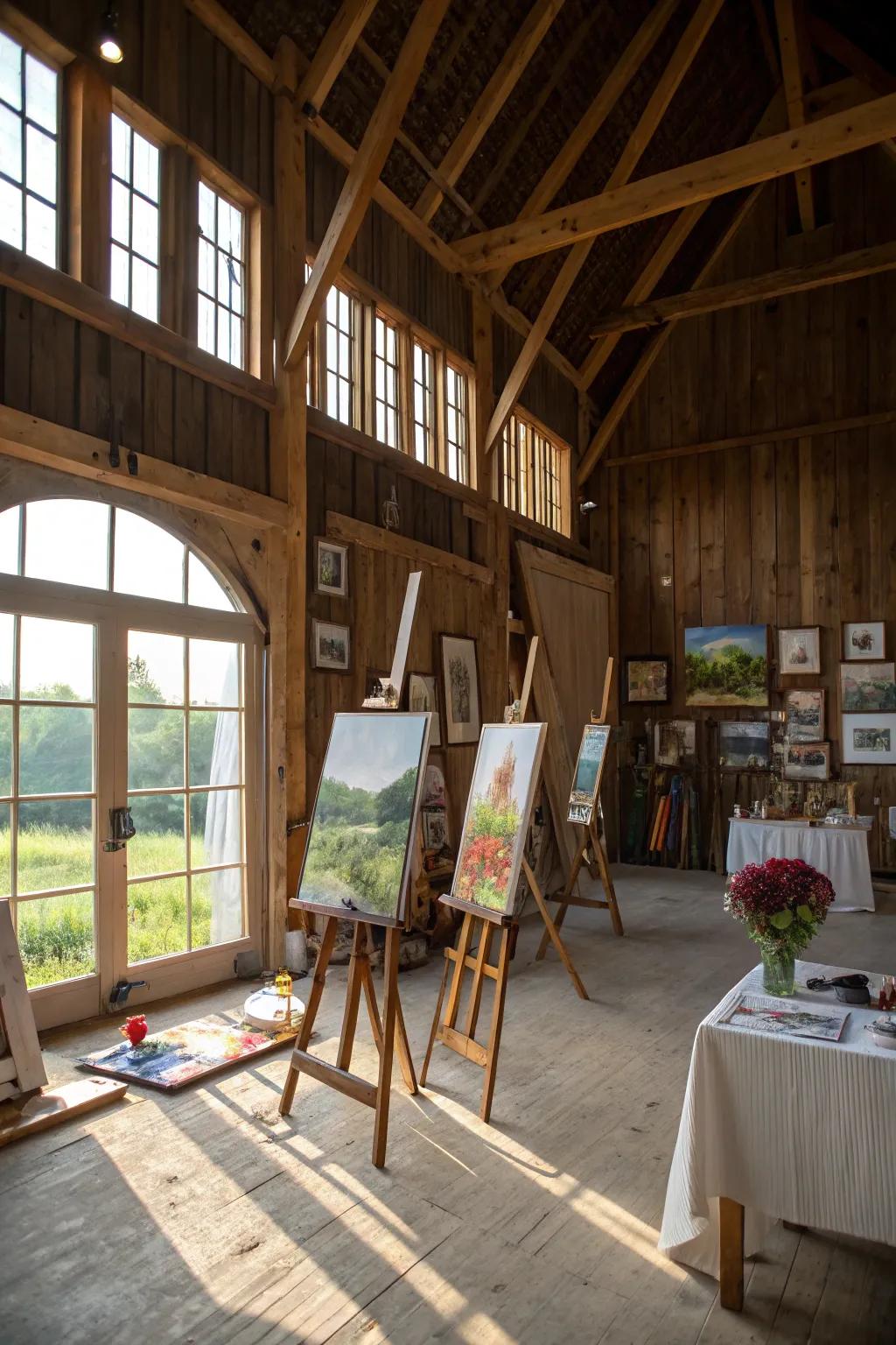 An creative barn area provides a spacious and inspiring workspace.