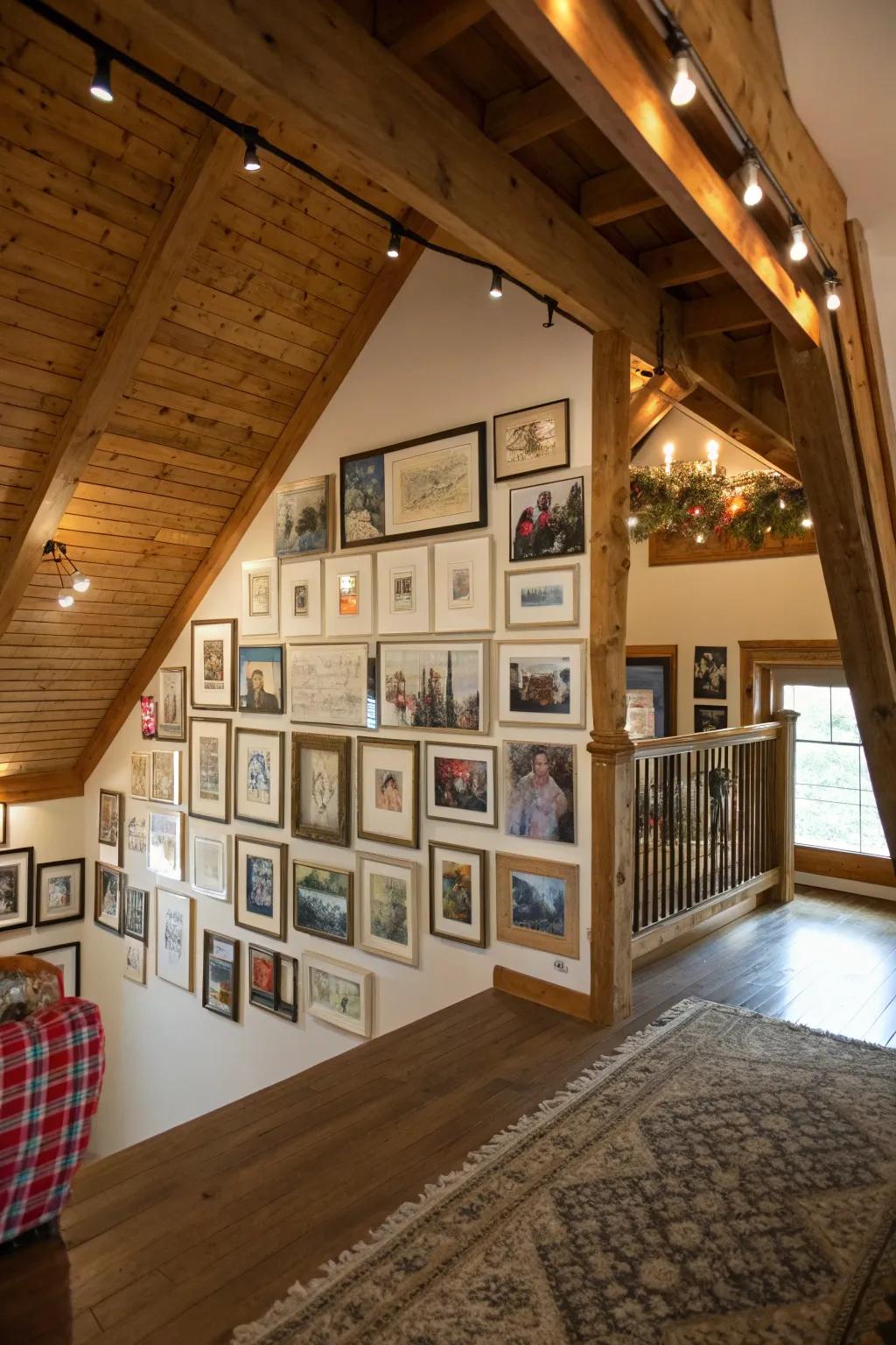 A barn loft adorned with a picture display, adding character and storytelling.