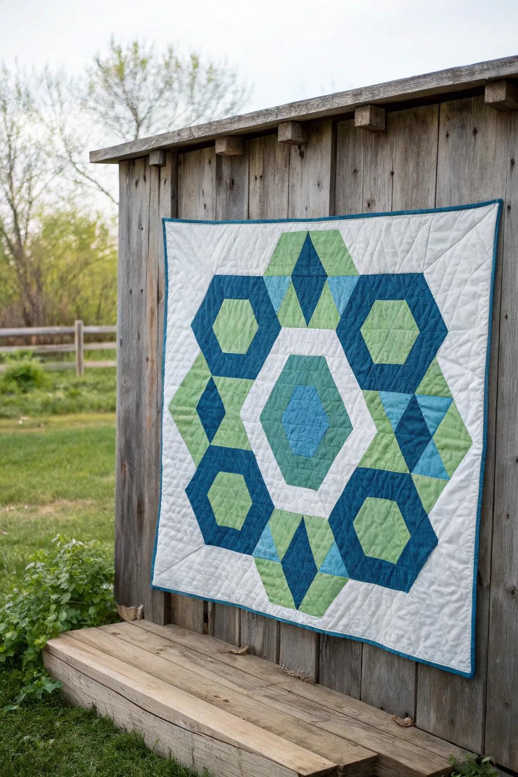 Hexagon quilt design with modern appeal.