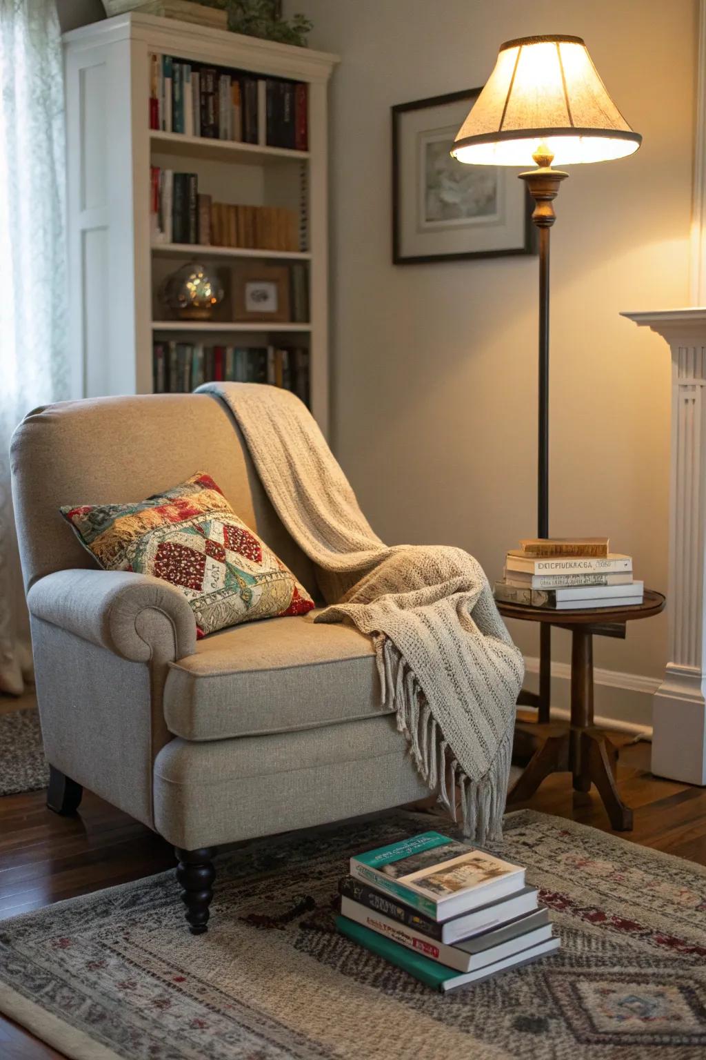 A reading nook provides a serene escape within the room