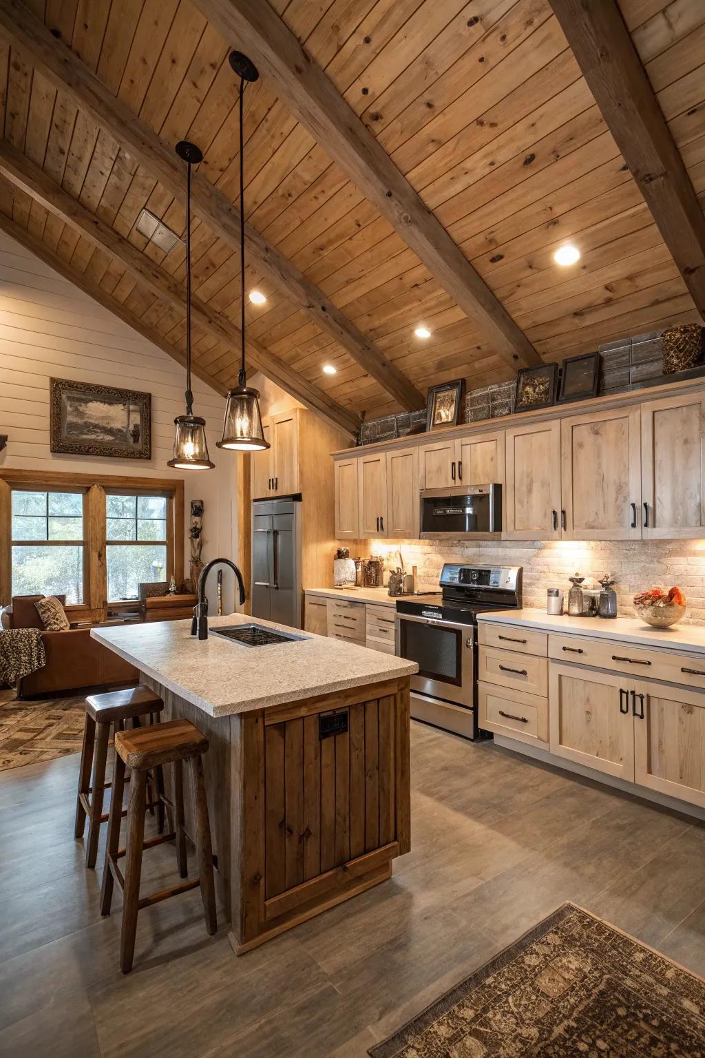 A paneled ceiling adds warmth and architectural interest.