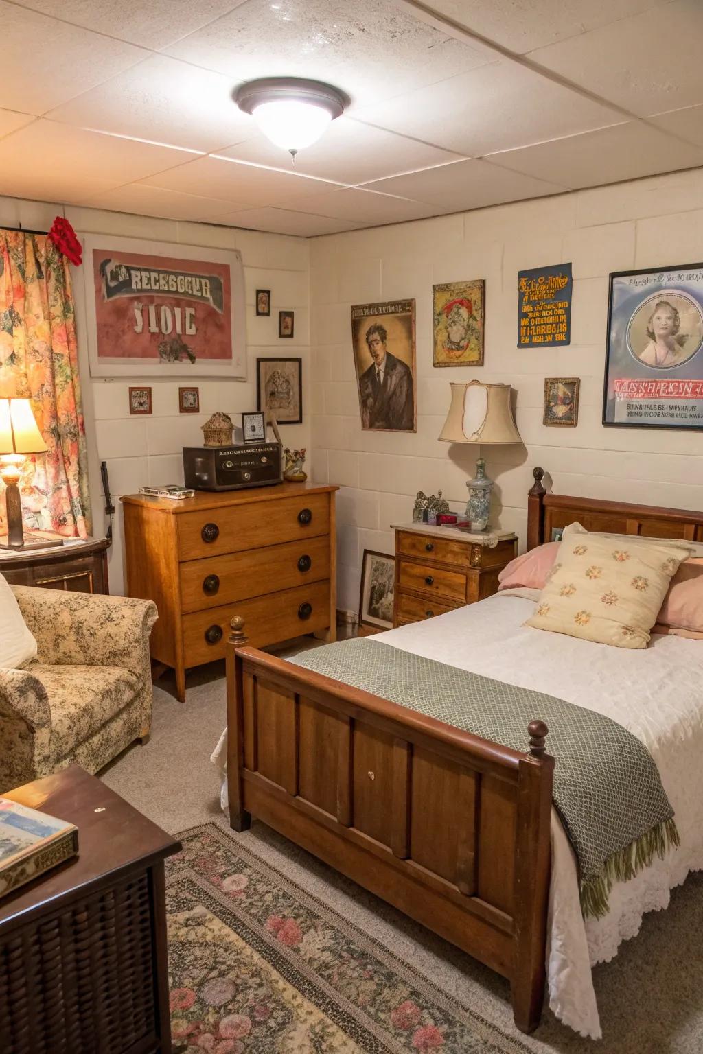 Vintage finds can infuse charm and personality into your basement bedroom.