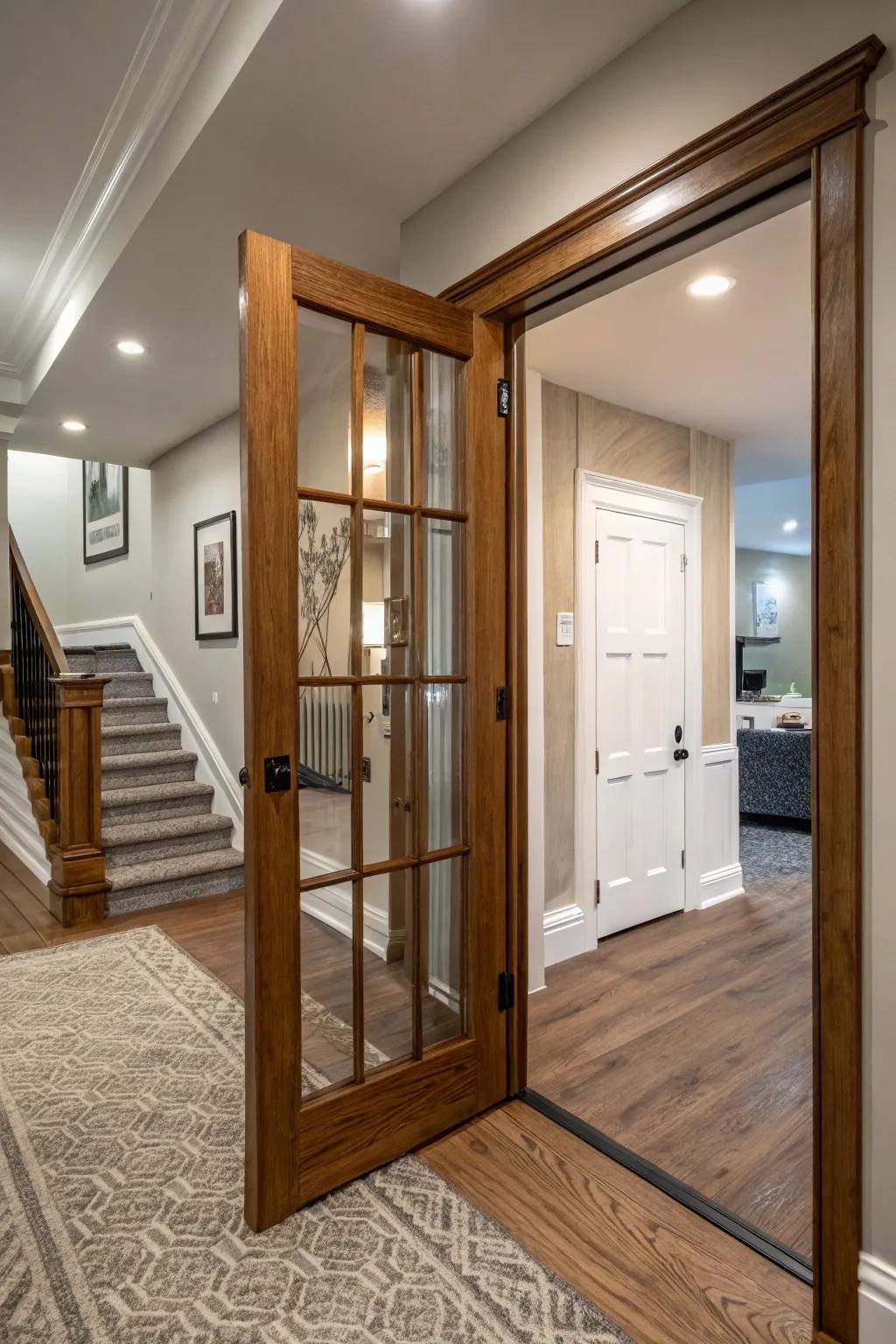 A combination of traditional wood and modern crystal creates a harmonious door design.